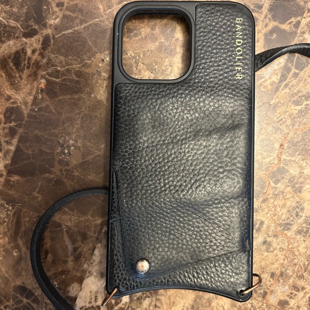 Bandolier Crossbody Black Leather iPhone 14 Pro Max Case + Expandable Pouch